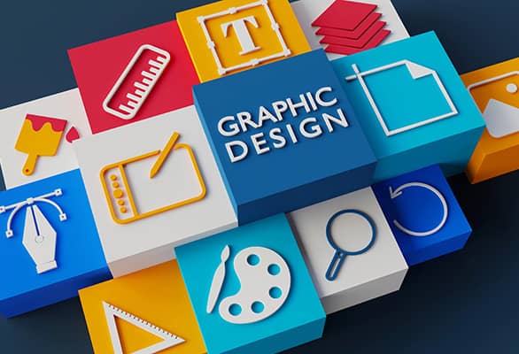 blocks at different heights with various graphic design symbols